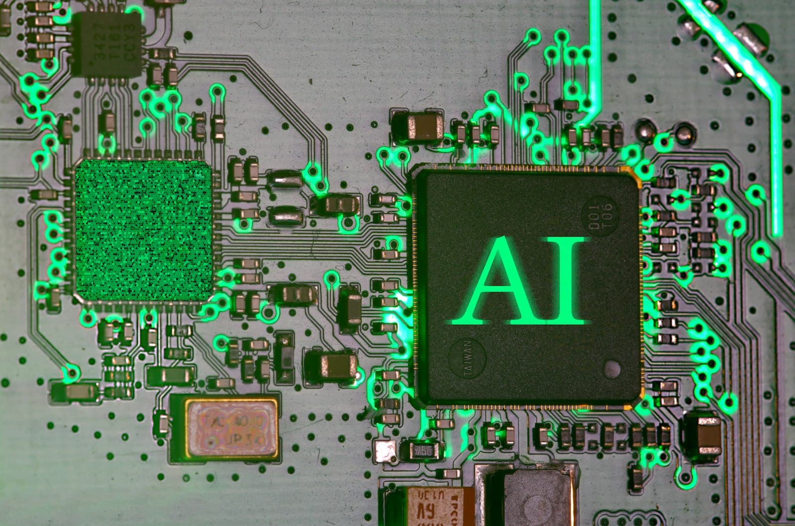 Illuminated artificial intelligence chip on a circuit board
