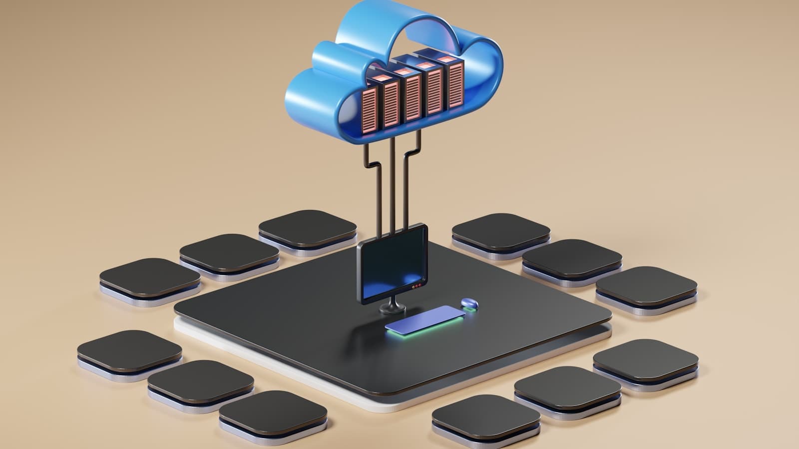 3D illustration of a cloud connected to servers